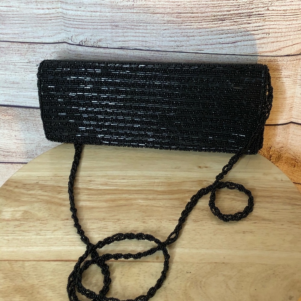Bijoux Terner Black Beaded Clutch‎ Purse with Chain